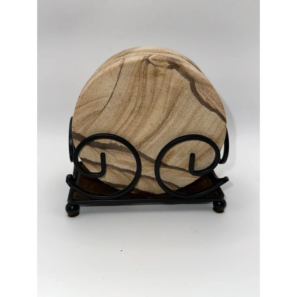 Thirstystone Natural Sandstone Coasters Set of 4 with Black Iron Holder Brown‎